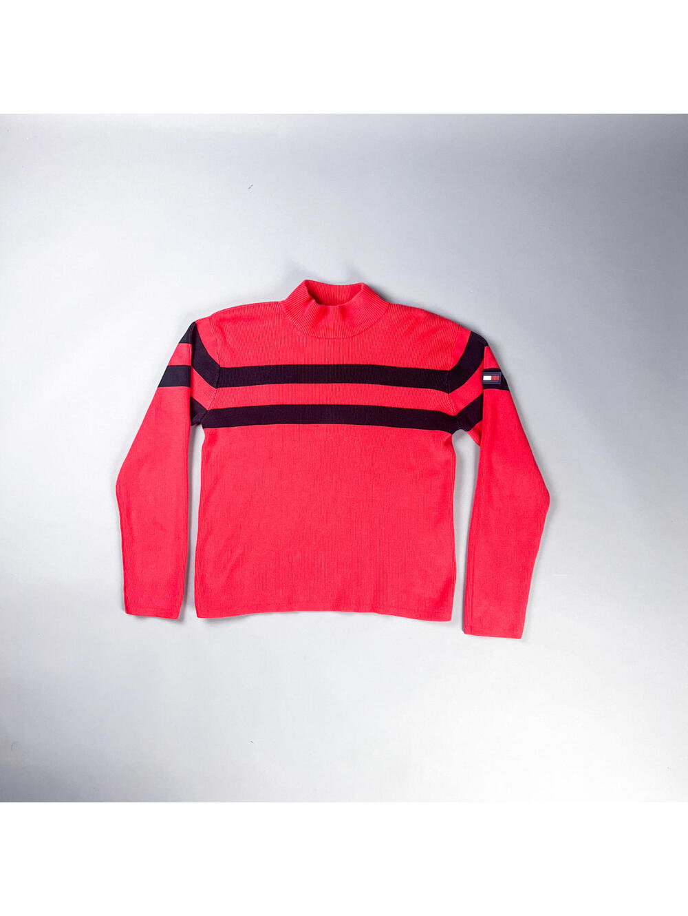 Vintage Tommy Hilfiger Women's Red and Black Striped Turtleneck Sweater